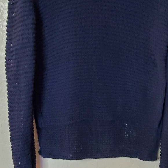 BCBG MaxAzria Navy High Low Turtleneck Open Woven Knit Sweater Fly Away Sides - Picture 3 of 6